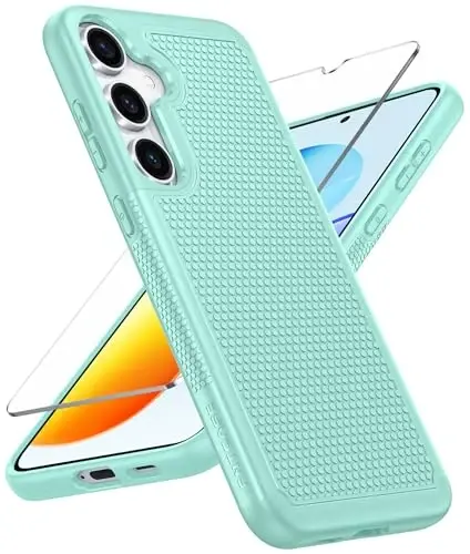 FNTCASE Samsung Galaxy S25 uchun gʻilof: Ikki qavatli, ogʻir yuk koʻtaruvchi mobil telefon himoya qopqogʻi, zarbga chidamli, sirpanmaydigan teksturali - Harbiy tomchidan himoya tamponi - 2025, 6.2 dyuym (yalpiz yashil) 