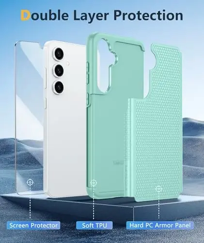 FNTCASE Samsung Galaxy S25 uchun gʻilof: Ikki qavatli, ogʻir yuk koʻtaruvchi mobil telefon himoya qopqogʻi, zarbga chidamli, sirpanmaydigan teksturali - Harbiy tomchidan himoya tamponi - 2025, 6.2 dyuym (yalpiz yashil) - 3