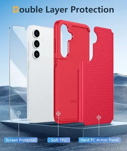 FNTCASE Samsung Galaxy S25 uchun g‘ilof: Ikki qavatli, og‘ir yuk ko‘taruvchi mobil telefon himoya qopqog‘i, zarbga chidamli, sirpanmaydigan to‘qimali – Harbiy tomchidan himoya tamponi – 2025, 6.2 dyuym (qizil) - 3