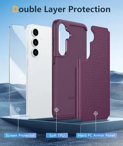 FNTCASE Samsung Galaxy S25 uchun g'ilof: Ikki qavatli, yuqori yuklamali mobil telefon himoya qopqog'i, zarbga chidamli, sirpanmaydigan teksturali - Harbiy tomchidan himoya tamponi - 2025, 6.2 dyuym (Burgundi) - 3