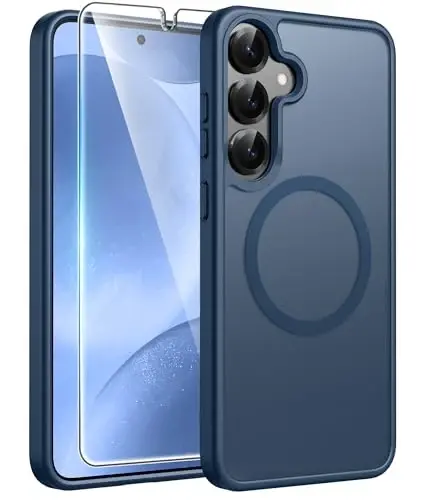 FNTCASE for Samsung Galaxy S25/S24 Case, Fit for Magsafe, Screen Protector | Translucent Matte Magnetic Back, 14FT Military Grade Drop Protection, Shockproof Protective Phone Cover, Blue 