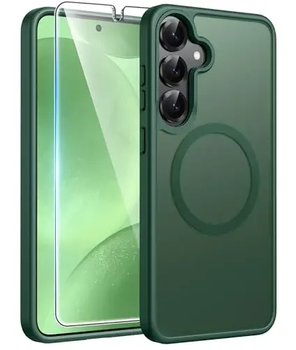 FNTCASE for Samsung Galaxy S25/S24 Case, Fit for Magsafe, Screen Protector | Translucent Matte Magnetic Back, 14FT Military Grade Drop Protection, Shockproof Protective Phone Cover, Green 