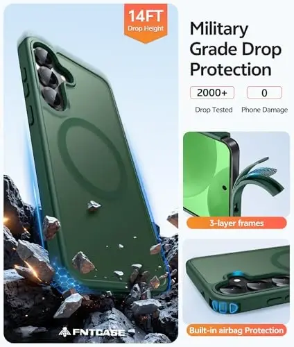 FNTCASE for Samsung Galaxy S25/S24 Case, Fit for Magsafe, Screen Protector | Translucent Matte Magnetic Back, 14FT Military Grade Drop Protection, Shockproof Protective Phone Cover, Green - 5