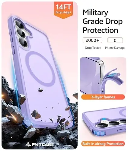 FNTCASE for Samsung Galaxy S25/S24 Case, Fit for Magsafe, Screen Protector | Translucent Matte Magnetic Back, 14FT Military Grade Drop Protection, Shockproof Protective Phone Cover, Light Purple - 5