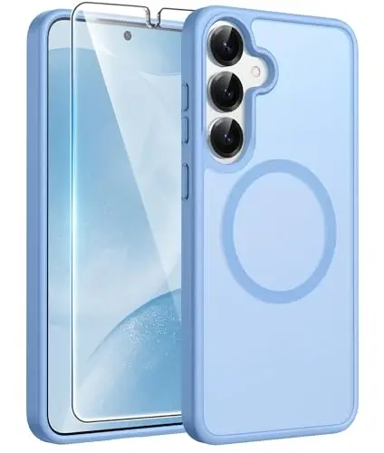 FNTCASE Samsung Galaxy S25/S24 uchun g‘ilof: Galaxy S24/S25 Telefon G‘ilofi [Magsafe bilan mos keladi] Shaffof Mat G‘ilof [Ekran Himoyachisi] Harbiy Darajadagi Zarbga Chidamli Himoya Telefon Qopqog‘i - Och Ko‘k 