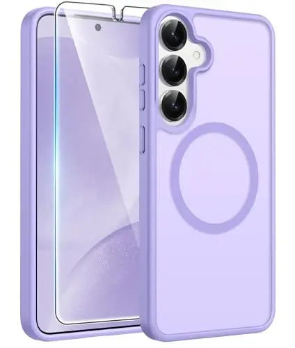 FNTCASE Samsung Galaxy S25/S24 uchun g‘ilof: Galaxy S24/S25 Telefon G‘ilofi [Magsafe bilan mos keladi] Shaffof Mat G‘ilof [Ekran himoyasi] Harbiy darajadagi zarbaga chidamli himoya telefon qopqog‘i - Och binafsha rang 