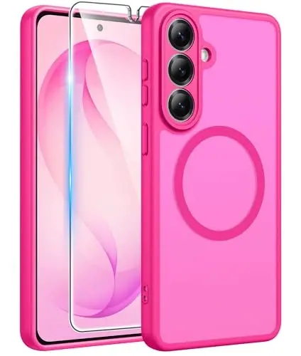 FNTCASE Samsung Galaxy S26+ Plus G‘ilof uchun: [Magsafe uchun mos] [To'liq Kamera Himoyasi + Ekran Himoyachisi] Shaffof Mat Harbiy Darajadagi - S26 Plus uchun Zarbalarga qarshi Himoya Telefon Qopqog'i - To'q Pushti 