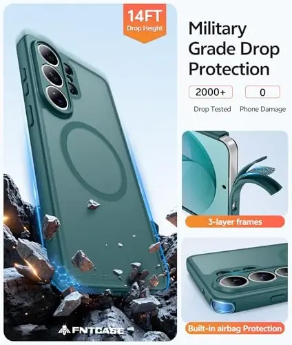 FNTCASE Samsung Galaxy S26-Ultra Ғilifi: [Magsafe uchun mos] [To‘liq Kamera Himoyasi] [Ekran Himoyachisi] bilan Shaffof Mat Ғiliflar Harbiy Darajadagi Zarbga Chidamli Himoya Telefon Qoplami - Shuvoq Yashil - 5