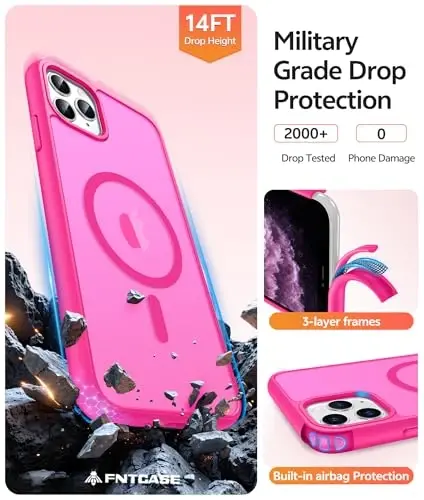 FNTCASE uchun iPhone 11 Pro G'ilofi: [Magsafe bilan mos keladi] Yarim shaffof matli magnit telefon g'ilofi - Harbiy darajadagi tushishdan himoya qiluvchi zarbaga chidamli iPhone 11Pro 2019 g'iloflari uchun - To'q pushti - 5