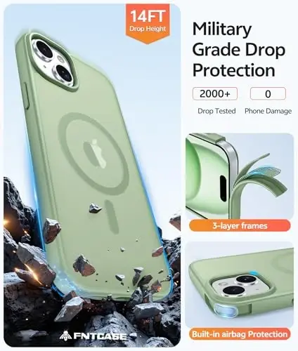 FNTCASE uchun iPhone 15 G‘ilofi: iPhone 14 G‘ilofi va iPhone 13 G‘ilofi uchun [Magsafe bilan mos keladi] [Ekran himoyachisi] bilan shaffof mat qoplamalar Harbiy darajadagi zarbaga chidamli himoya telefon qopqog‘i - Och yashil mox - 5