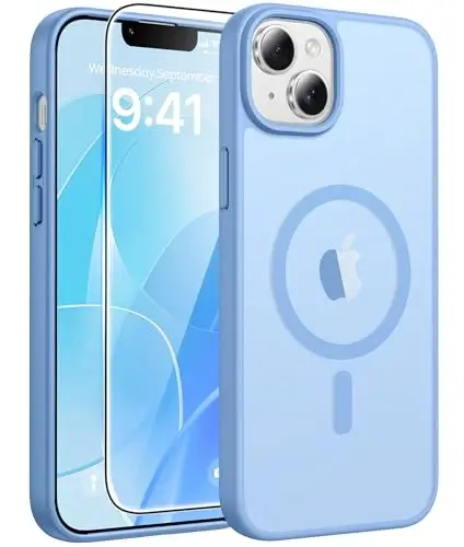 FNTCASE uchun iPhone 15 Plus g‘ilofi: iPhone 14 Plus g‘ilofi uchun Shaffof Mat Harbiy Darajadagi Himoya Telefon Qoplami - Yupqa Sirpanishga qarshi Bardoshli zarbaga chidamli tushishdan himoya qiluvchi g‘iloflar - Ochiq ko‘k 
