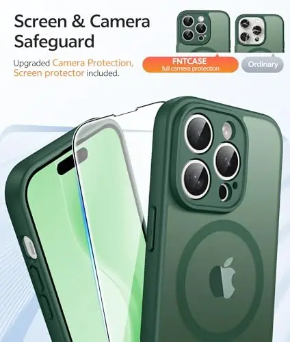 FNTCASE uchun iPhone 15 Pro Max g'ilofi: [Magsafe bilan mos keladi] [To'liq kamera muhofazasi] [Ekran himoyasi] Harbiy darajadagi zarbaga chidamli himoya telefon qopqog'i - Yashil - 4
