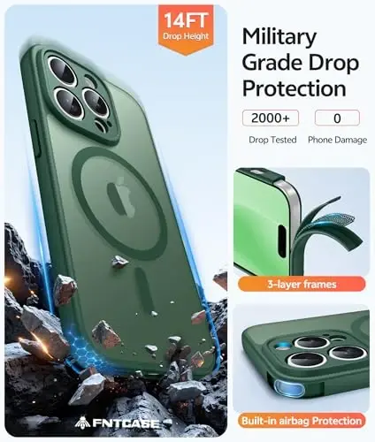 FNTCASE uchun iPhone 15 Pro Max g'ilofi: [Magsafe bilan mos keladi] [To'liq kamera muhofazasi] [Ekran himoyasi] Harbiy darajadagi zarbaga chidamli himoya telefon qopqog'i - Yashil - 5
