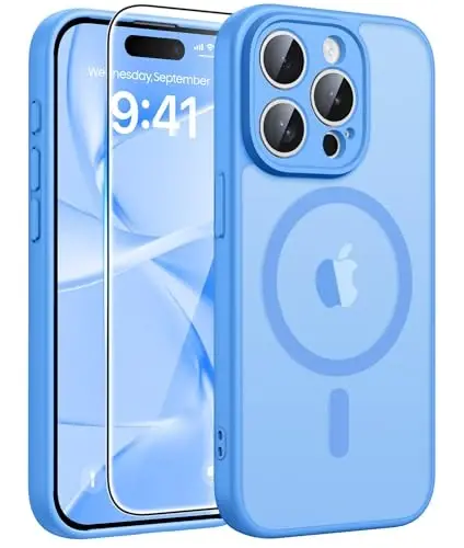 FNTCASE uchun iPhone 15 Pro Max g‘ilofi: [Magsafe bilan mos keladi] [To‘liq kamera muhofazasi] [Ekran muhofazasi] bilan yarim shaffof mat g‘iloflar Harbiy darajadagi zarbaga chidamli himoya telefon qopqog‘i - Muz ko‘k 
