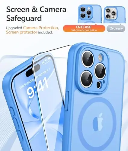 FNTCASE uchun iPhone 15 Pro Max g‘ilofi: [Magsafe bilan mos keladi] [To‘liq kamera muhofazasi] [Ekran muhofazasi] bilan yarim shaffof mat g‘iloflar Harbiy darajadagi zarbaga chidamli himoya telefon qopqog‘i - Muz ko‘k - 4