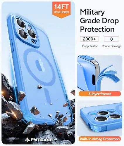 FNTCASE uchun iPhone 15 Pro Max g‘ilofi: [Magsafe bilan mos keladi] [To‘liq kamera muhofazasi] [Ekran muhofazasi] bilan yarim shaffof mat g‘iloflar Harbiy darajadagi zarbaga chidamli himoya telefon qopqog‘i - Muz ko‘k - 5