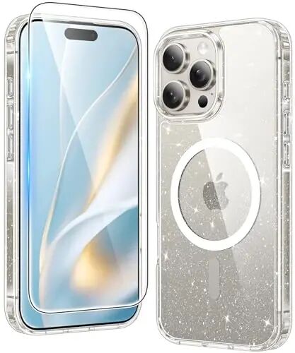 FNTCASE uchun iPhone 16 Pro g‘ilofi: Magsafe bilan mos keladigan tiniq magnit telefon g‘iloflari, yupqa sariq rangga qarshi harbiy darajadagi tushishdan himoya qiluvchi mustahkam shaffof uyali qopqoq (B-Glitter Magnetic) - 1