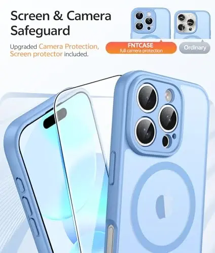 FNTCASE uchun iPhone 16 Pro Max g‘ilofi: [Magsafe bilan mos keladi] [To‘liq kamera muhofazasi] [Ekran muhofazasi] bilan yarim shaffof mat g‘iloflar Harbiy darajadagi zarbaga chidamli himoya telefon qopqog‘i - Och ko‘k - 4