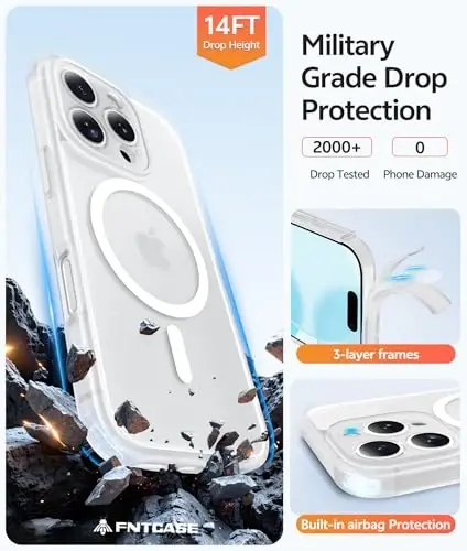 FNTCASE uchun iPhone 16 Pro Max g‘ilofi: [Magsafe bilan mos keladi] [To‘liq kamera muhofazasi] [Ekran muhofazasi] bilan yarim shaffof mat g‘iloflar harbiy darajadagi zarbaga chidamli himoya telefon qopqog‘i - Oq - 5