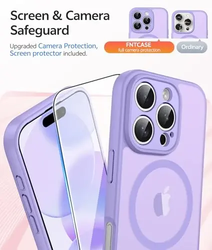 FNTCASE uchun iPhone 16 Pro Max G‘ilofi: [Magsafe bilan mos keladi] [To‘liq kamera muhofazasi] va [Ekran himoya oynasi] bilan yarim shaffof mat g‘iloflar Harbiy darajadagi zarbaga chidamli himoya telefon qoplami - Och binafsha - 4