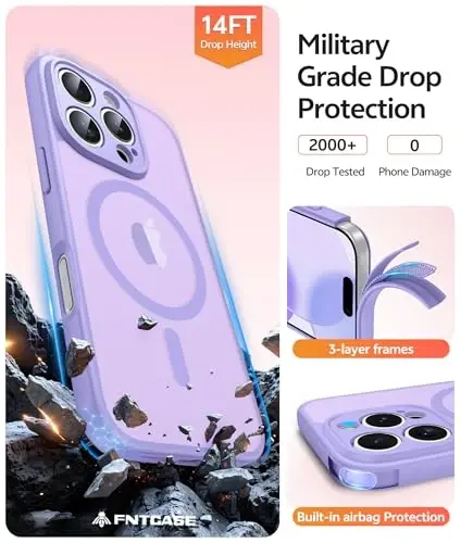 FNTCASE uchun iPhone 16 Pro Max G‘ilofi: [Magsafe bilan mos keladi] [To‘liq kamera muhofazasi] va [Ekran himoya oynasi] bilan yarim shaffof mat g‘iloflar Harbiy darajadagi zarbaga chidamli himoya telefon qoplami - Och binafsha - 5