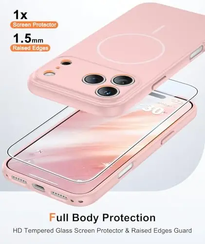 FNTCASE uchun iPhone 17 Pro-Max G‘ilofi: MagSafe bilan mos keladigan To‘q Pushti | Ekran himoyachisi bilan, To‘q Kamera Himoyasi, Yupqa Mat Magnit Zarbga Chidamli Qopqoq, 14FT Harbiy Darajadagi Tomchi Sinovidan O‘tgan 