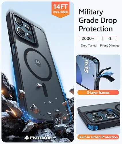 FNTCASE uchun Moto G 2026/2025 g‘ilofi: Motorola Moto G Play 5G 2026 g‘ilofi [Magsafe bilan mos keladi] [Ekran himoyasi] bilan yarim shaffof mat g‘iloflar Harbiy darajadagi zarbaga chidamli himoya telefon qopqog‘i - Qora - 5