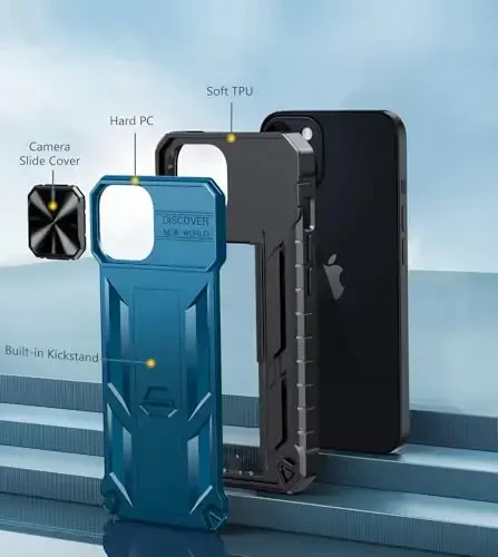 FNTCASE защитный чехол для iPhone 15: для iPhone 14/iPhone 13, ударопрочный чехол военного класса с подставкой и слайдером | Прочный защитный бампер с текстурой | Высокая прочность (синий) - 6