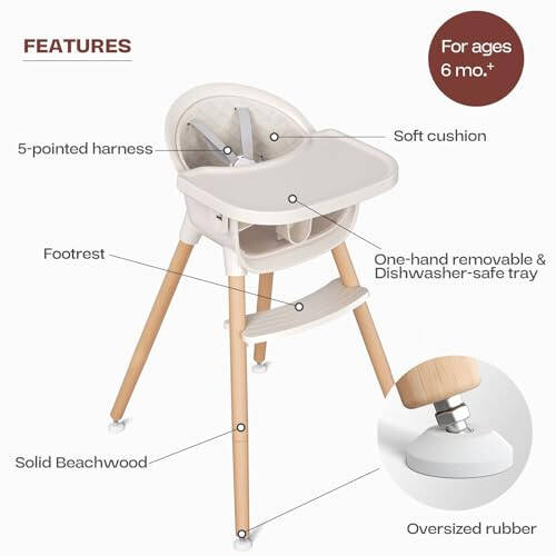 Fodoss 3-in-1 Wooden High Chair for Babies and Toddlers, Convertible Easy Clean Infant Highchair, Modern Design Baby High Chair - 37