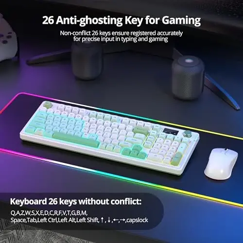 Fogruaden 96% Green Quiet Silent Wireless Gaming Keyboard raqamli panel va tugmacha bilan, mexanik his, suvga chidamli, multimediya tugmachalari, simli/BT/2.4G, USB qayta zaryadlanuvchi membrana klaviaturasi Win/Mac uchun - 4