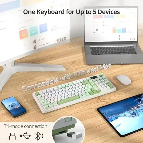 Fogruaden 96% Green Quiet Silent Wireless Gaming Keyboard with Number Pad & Knob, Mechanical Feel, Spill-Resistant, Multimedia Keys, Wired/BT/2.4G, USB Rechargeable Membrane Keyboard for Win/Mac - 2