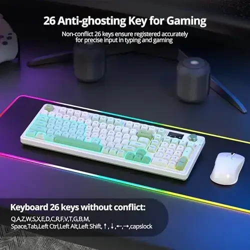 Fogruaden 96% Green Quiet Silent Wireless Gaming Keyboard with Number Pad & Knob, Mechanical Feel, Spill-Resistant, Multimedia Keys, Wired/BT/2.4G, USB Rechargeable Membrane Keyboard for Win/Mac - 4