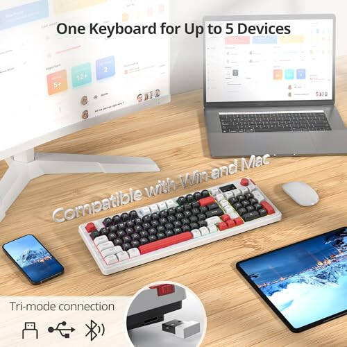 Fogruaden 96% Kablosuz Sessiz Sessiz Oyun Klavyesi Sayısal Tuş Takımı ve Topuzlu, Mekanik His, Sıvıya Dayanıklı, Çoklu Ortam Tuşları, Kablolu / BT / 2.4G, USB Şarj Edilebilir Membran Bilgisayar Klavyesi Win / Mac için - 2