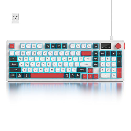 Fogruaden 96% simsiz jimsiz o'yin klaviaturasi raqamli blok va tugma bilan, mexanik his, suyuqqa chidamli, multimediya tugmalari, simli/BT/2.4G, USB qayta zaryadlanadigan membranli kompyuter klaviaturasi Win/Mac uchun 
