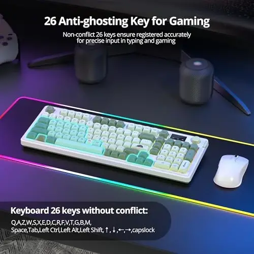 Fogruaden 96% Wireless Green Keyboard with Number Pad and Knob, Mechanical Feel, RGB Quiet Matcha Membrane Gaming Keyboard, Spill-Resistant, 3-Modes USB Rechargeable Silent Creamy Keyboard for Win/Mac - 4