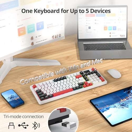 Fogruaden 96% Wireless Quiet Silent Gaming Keyboard with Number Pad & Knob, Mechanical Feel, Spill-Resistant, Multimedia Keys, Wired/BT/2.4G, USB Rechargeable Membrane Computer Keyboard for Win/Mac - 2