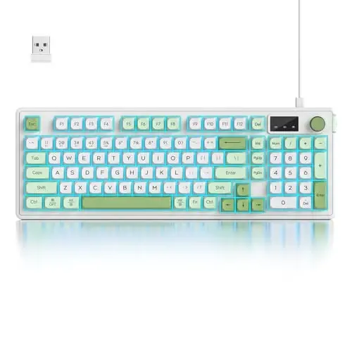 Fogruaden 96% Green Quiet Silent Wireless Gaming Keyboard with Number Pad & Knob, Mechanical Feel, Spill-Resistant, Multimedia Keys, Wired/BT/2.4G, USB Rechargeable Membrane Keyboard for Win/Mac - 1