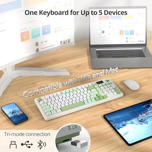 Fogruaden 96% Green Quiet Silent Wireless Gaming Keyboard with Number Pad & Knob, Mechanical Feel, Spill-Resistant, Multimedia Keys, Wired/BT/2.4G, USB Rechargeable Membrane Keyboard for Win/Mac - FOGRUADEN (1)