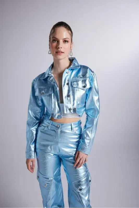 Foil Coated Crop Millen Jacket Blue - HOLLY LOLLY