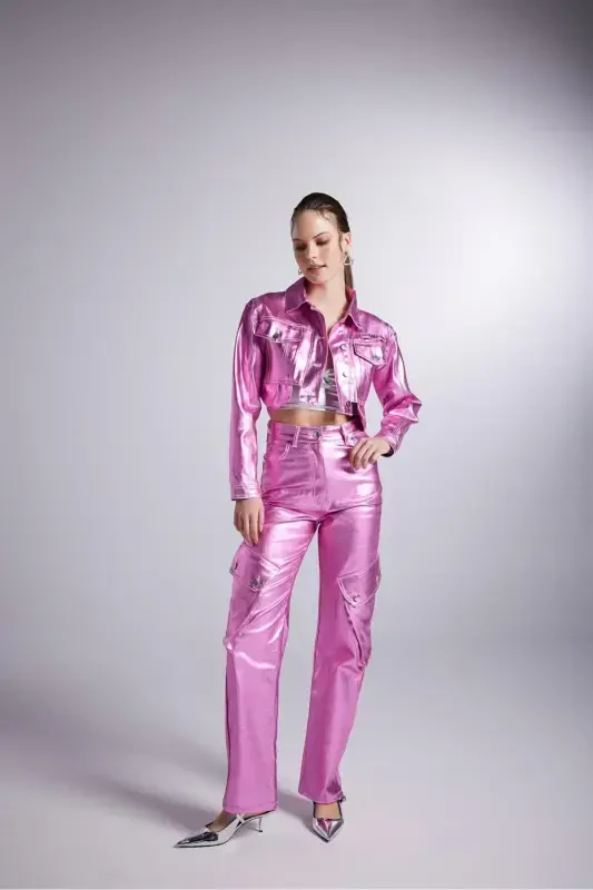 Foil Coating Cargo Pocket Millen Pants Pink - HOLLY LOLLY