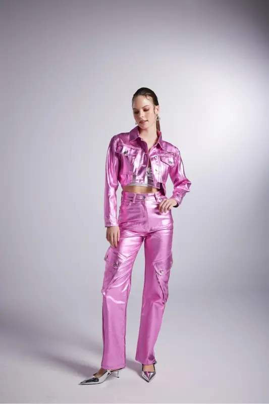 Foil Coating Cargo Pocket Millen Pants Pink - 1