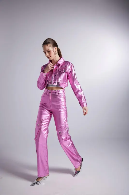 Foil Coating Cargo Pocket Millen Pants Pink - 3