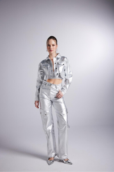 Foil Coating Cargo Pocket Millen Trousers Gray - HOLLY LOLLY