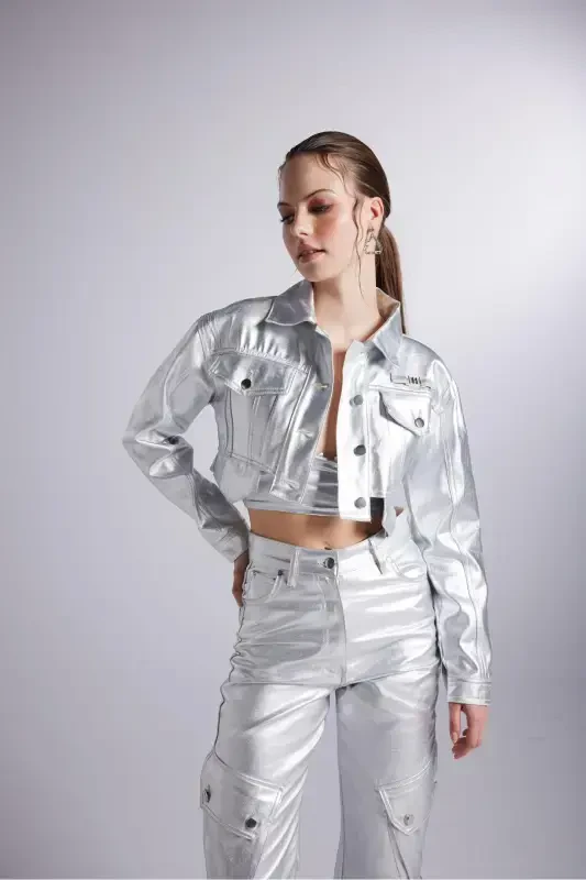 Foil Coating Crop Millen Jacket Gray-Gray Foil - HOLLY LOLLY