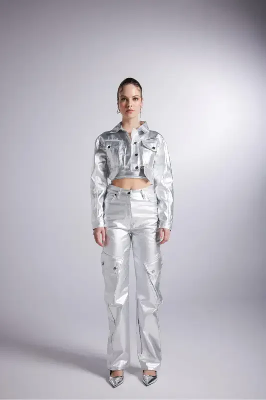 Foil Coating Crop Millen Jacket Gray-Gray Foil - 2