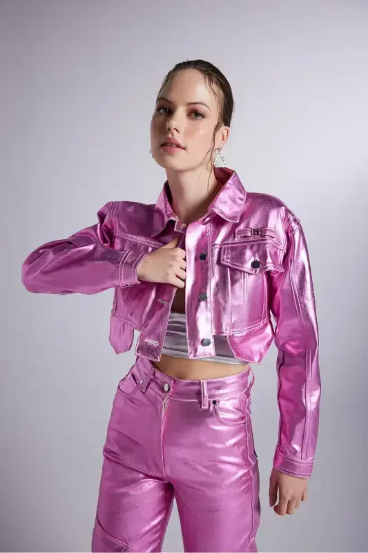 Foil Overlay Crop Millen Jacket Pink - 7