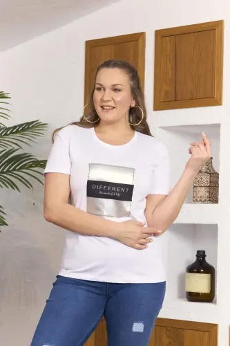 Foil Print Plus Size White T-Shirt - BÜYÜKBEDENIZ (1)