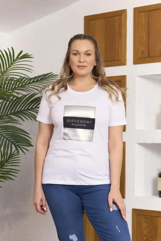 Foil Print Plus Size White T-Shirt - BÜYÜKBEDENIZ