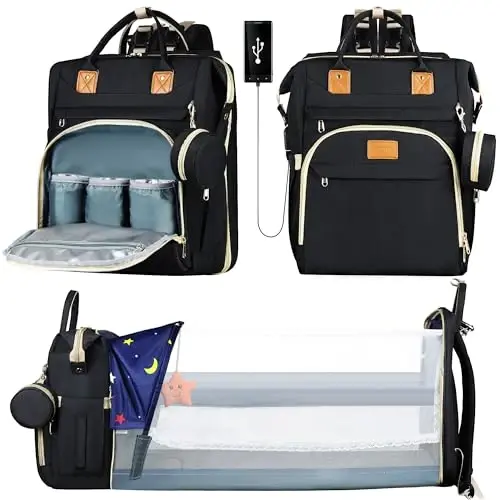 Foldable Diaper Bag Backpack, USB Charging Port & Large Storage – Stylish, Multi-Functional Travel Essential for Moms & Dads On-the-Go， Black - 2