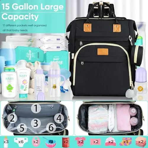 Foldable Diaper Bag Backpack, USB Charging Port & Large Storage – Stylish, Multi-Functional Travel Essential for Moms & Dads On-the-Go， Black - 3
